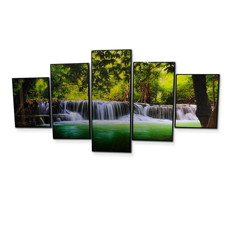 A 5-panel image of a waterfall